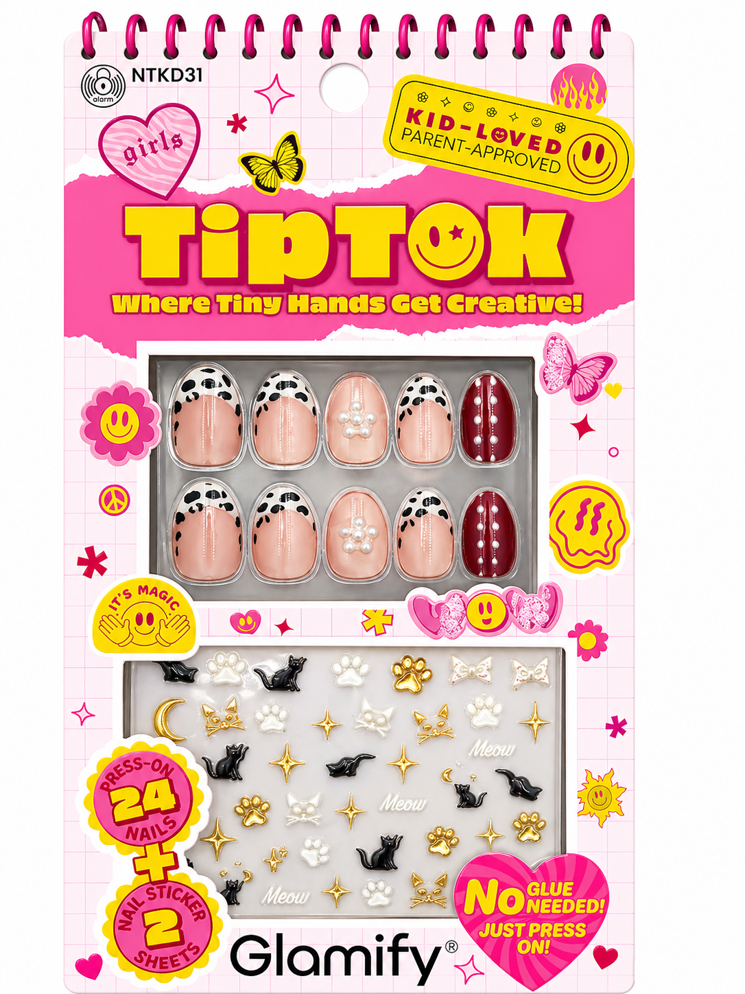Glamify TipTok Kids Press On Nails Set Cat Design with Nail Stickers No Glue Needed 24 Nails NTKD31 - ANNS BEAUTY SUPPLY