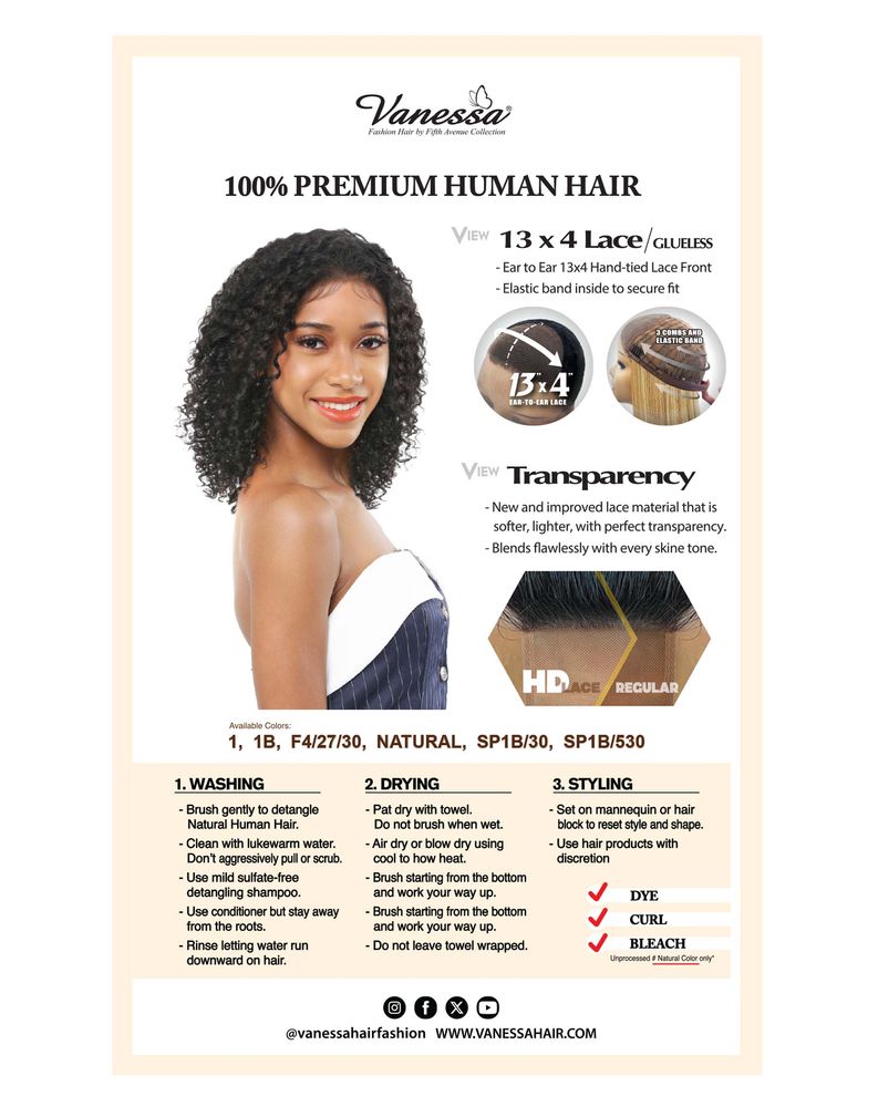 Vanessa H134 Isabella Premium Brazilian 100% Human Hair Glueless HD Lace Front Wig (13" x 4" Free Part)_SP1B30