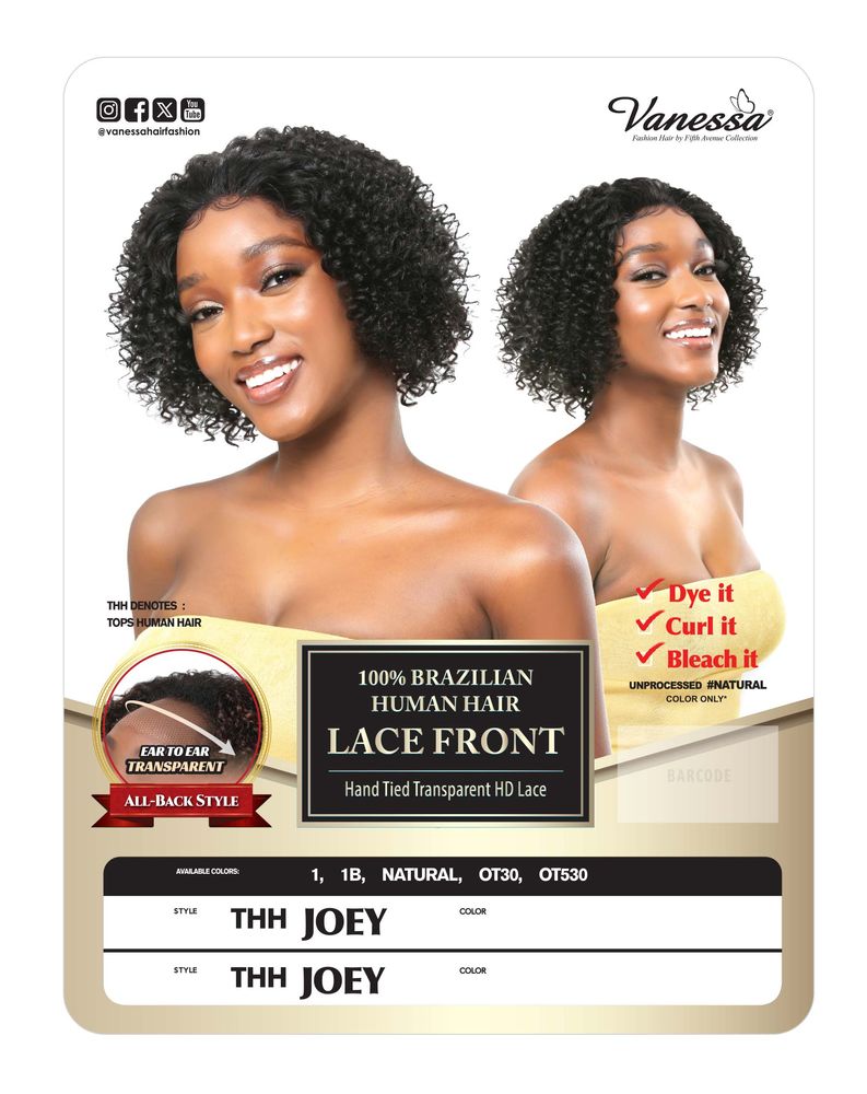 Vanessa THH Joey 100% Brazilian Human Hair HD Lace Front Wig – Hand-Tied Transparent Ear-to-Ear All-Back Curly Styler_OT30