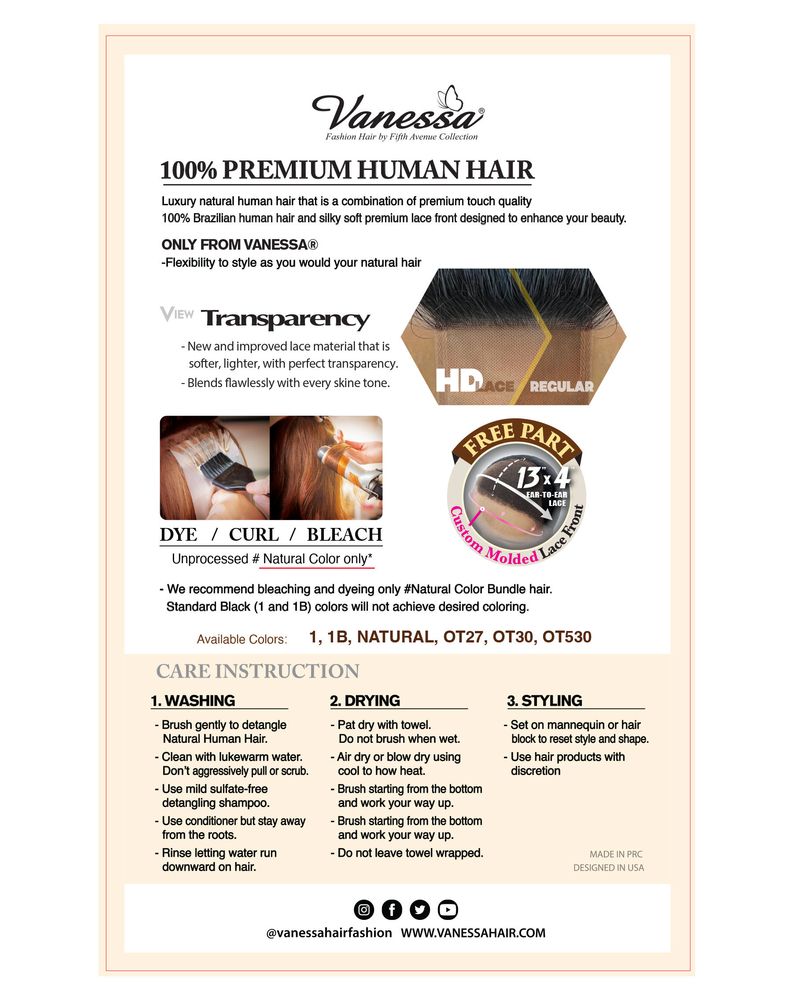 Vanessa H134 Hanna Premium Brazilian 100% Human Hair HD Lace Front Wig – 13" x 4" Free Part Custom Molded Sleek Bob_Natural